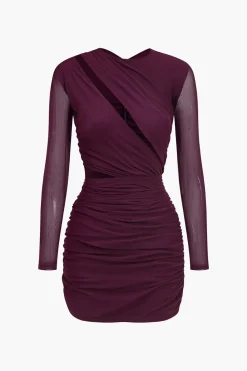 MICAS Long Sleeve Dresses|Mini Dresses-Mesh Cut Out Asymmetrical Long Sleeve Mini Dress BURGUNDY