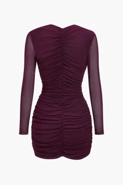 MICAS Long Sleeve Dresses|Mini Dresses-Mesh Cut Out Asymmetrical Long Sleeve Mini Dress BURGUNDY