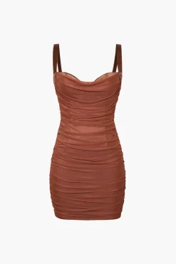 MICAS Mini Dresses-Mesh Draped Bodycon Mini Dress CINNAMON