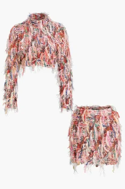 MICAS Skirt Sets-Mesh Fringe Long Sleeve Skirt Set PINK