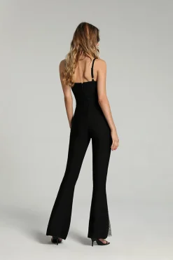 MICAS Jumpsuits & Rompers-Mesh Panel Flared Leg Jumpsuit BLACK
