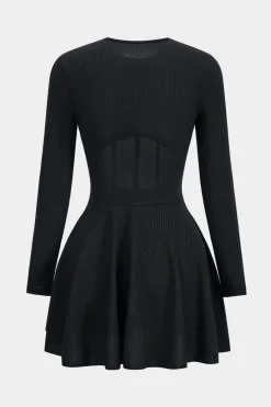 MICAS Long Sleeve Dresses|Mini Dresses-Mesh Patchwork Corset Long Sleeve Mini Dress BLACK