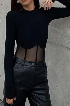 MICAS Long Sleeve Tops|Long Sleeves Tops-Mesh Patchwork Corset Round Neck Long-Sleeve Top BLACK