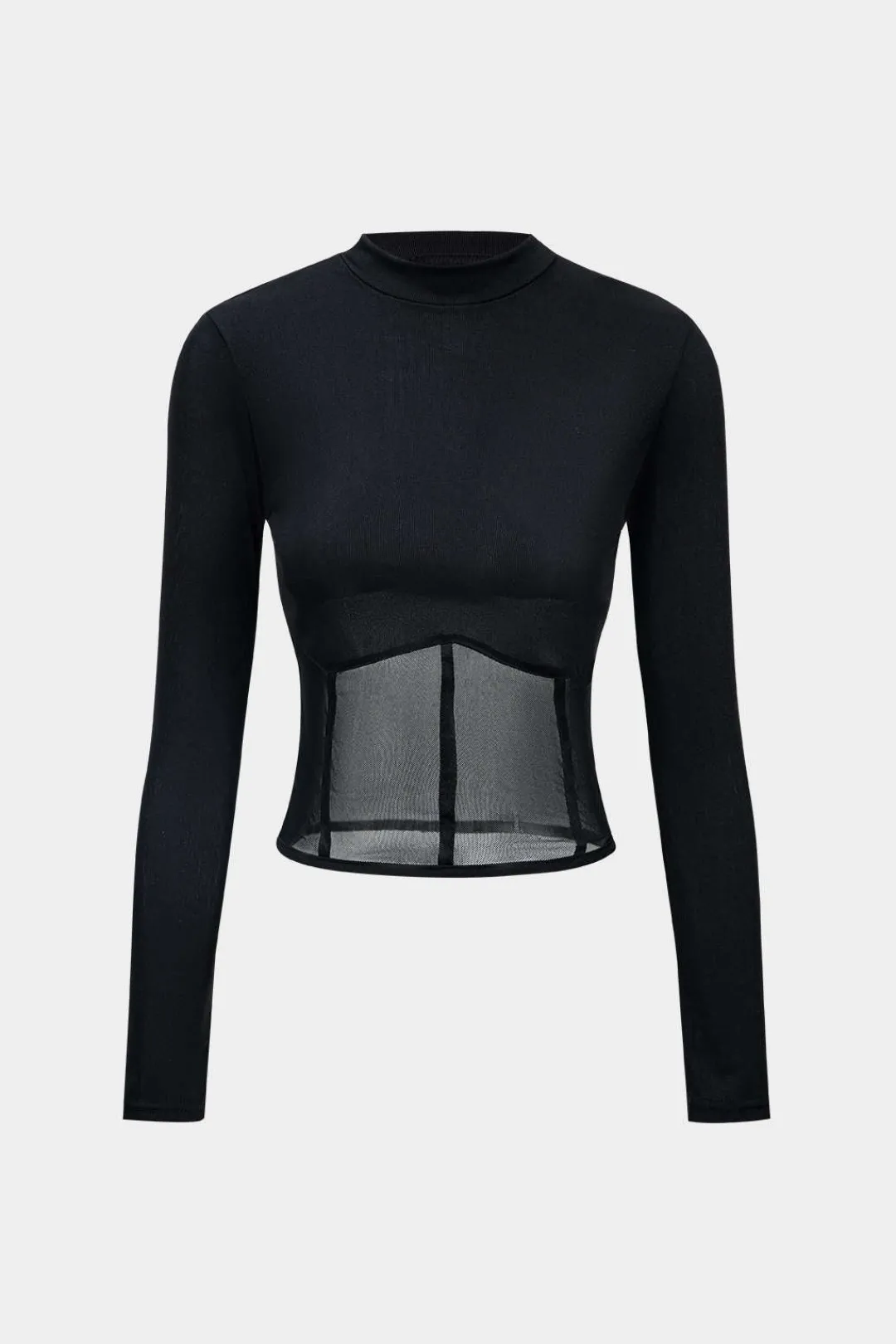 MICAS Long Sleeve Tops|Long Sleeves Tops-Mesh Patchwork Corset Round Neck Long-Sleeve Top BLACK