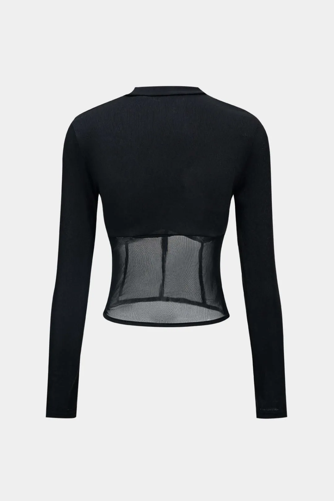 MICAS Long Sleeve Tops|Long Sleeves Tops-Mesh Patchwork Corset Round Neck Long-Sleeve Top BLACK