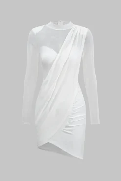 MICAS Mini Dresses|Long Sleeve Dresses-Mesh Patchwork Long Sleeve Sheer Mini Dress WHITE