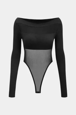 MICAS Bodysuits-Mesh Patchwork Long Sleeve Bodysuit BLACK