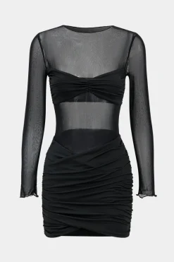 MICAS Long Sleeve Dresses|Mini Dresses-Mesh Patchwork Round Neck Long Sleeve Mini Dress BLACK