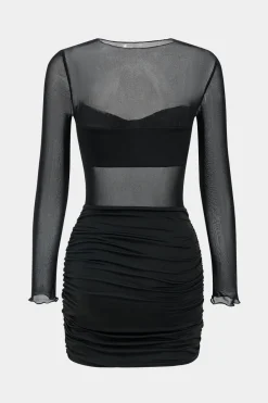 MICAS Long Sleeve Dresses|Mini Dresses-Mesh Patchwork Round Neck Long Sleeve Mini Dress BLACK