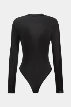 MICAS Bodysuits-Mesh Patchwork Round Neck Long Sleeve Bodysuit BLACK