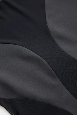 MICAS Bodysuits-Mesh Patchwork Round Neck Long Sleeve Bodysuit BLACK