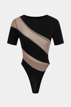 MICAS Bodysuits-Mesh Patchwork Round Neck Short Sleeve Bodysuit BLACK