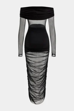MICAS Long Sleeve Dresses|Maxi Dresses-Mesh Patchwork Ruched Off Shoulder Long Sleeve Maxi Dress BLACK