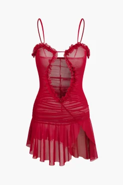 MICAS Mini Dresses-Mesh Ruched Ruffle Deep V-neck Slip Mini Dress