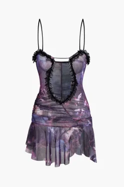 MICAS Mini Dresses-Mesh Ruched Ruffle Deep V-neck Slip Mini Dress