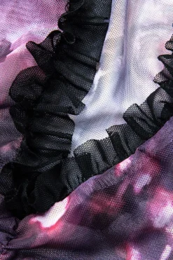 MICAS Mini Dresses-Mesh Ruched Ruffle Deep V-neck Slip Mini Dress