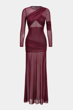 MICAS Long Sleeve Dresses|Maxi Dresses-Mesh Ruffle Long Sleeve Maxi Dress BURGUNDY