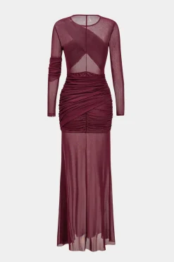 MICAS Long Sleeve Dresses|Maxi Dresses-Mesh Ruffle Long Sleeve Maxi Dress BURGUNDY