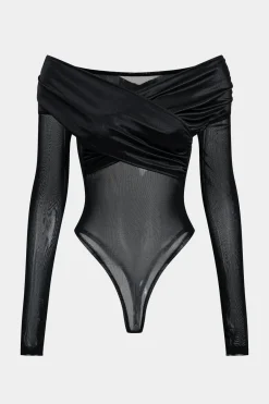 MICAS Bodysuits-Mesh Satin Patchwork Sheer Long Sleeve Bodysuit BLACK