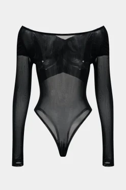 MICAS Bodysuits-Mesh Satin Patchwork Sheer Long Sleeve Bodysuit BLACK
