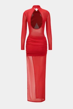 MICAS Long Sleeve Dresses|Midi Dresses-Mesh Sheer Crossed Long Sleeve Midi Dress RED