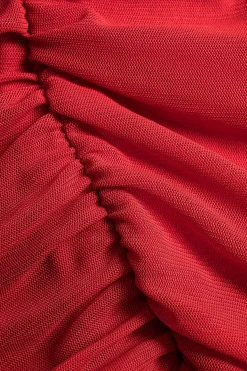 MICAS Long Sleeve Dresses|Midi Dresses-Mesh Sheer Crossed Long Sleeve Midi Dress RED