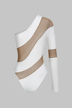 MICAS Bodysuits-Mesh Sheer Patchwork One Shoulder Long Sleeve Bodysuit WHITE