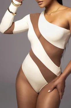 MICAS Bodysuits-Mesh Sheer Patchwork One Shoulder Long Sleeve Bodysuit WHITE