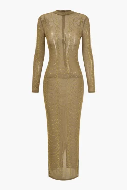 MICAS Long Sleeve Dresses|Maxi Dresses-Mesh Sheer Rhinestone Maxi Dress PURE GOLD