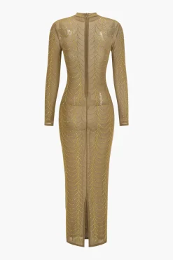 MICAS Long Sleeve Dresses|Maxi Dresses-Mesh Sheer Rhinestone Maxi Dress PURE GOLD