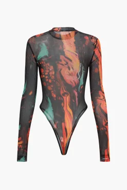 MICAS Bodysuits-Mesh Tie Dye Print Long Sleeve Bodysuit ORANGE