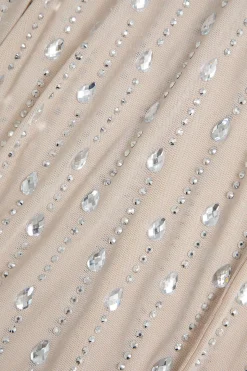 MICAS Maxi Dresses-Mesh Zipper Rhinestone Maxi Dress With Gloves BEIGE