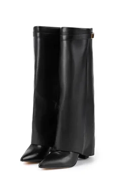 MICAS Shoes|Boots-Metal Buckle Pointed Knee High Boots BLACK