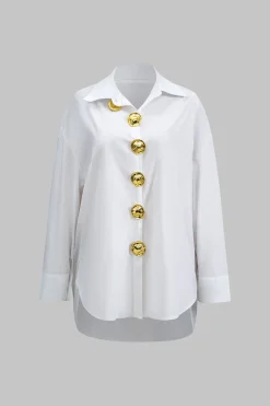 MICAS Long Sleeve Tops|Long Sleeves Tops-Metal Button Long-Sleeve Shirt WHITE