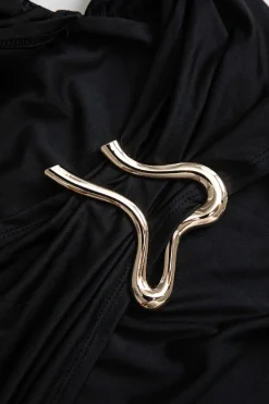 MICAS Long Sleeve Dresses|Maxi Dresses-Metal Detail Ruched Long Sleeve Midi Dress BLACK