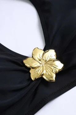 MICAS Swimwear-Metal Flower Decor Ruffle Bikini Set BLACK