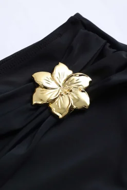 MICAS Swimwear-Metal Flower Decor Ruffle Bikini Set BLACK