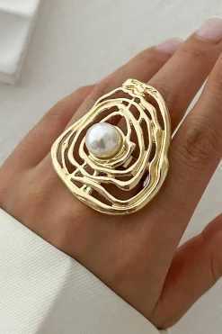 MICAS Accessories-Metal Pearl Exaggerated Ring GOLD