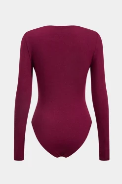MICAS Bodysuits-Metallic Asymmetrical Ruched Long Sleeve Bodysuit BURGUNDY