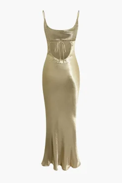 MICAS Maxi Dresses-Metallic Backless Slip Mermaid Cowl Neck Maxi Dress GOLD