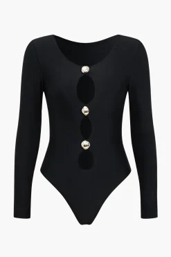 MICAS Swimwear-Metallic Button Cut Out One-Piece Swimsuit BLACK