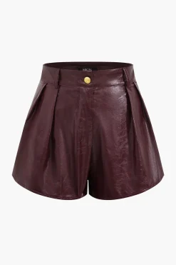 MICAS Short Sets-Metallic Button Faux Leather Shorts Set MAROON