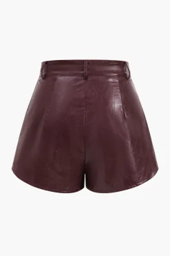 MICAS Short Sets-Metallic Button Faux Leather Shorts Set MAROON