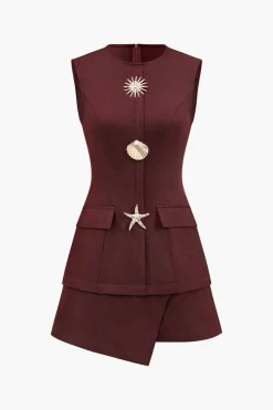MICAS Mini Dresses-Metallic Button Sleeveless Round Neck Mini Dress BURGUNDY