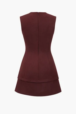 MICAS Mini Dresses-Metallic Button Sleeveless Round Neck Mini Dress BURGUNDY