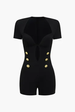 MICAS Jumpsuits & Rompers-Metallic Button V-Neck Short Sleeve Romper BLACK
