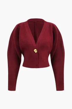 MICAS Knitwear|Knit Tops-Metallic Button V-Neck Sweater Long-Sleeve Top BURGUNDY