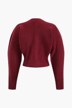 MICAS Knitwear|Knit Tops-Metallic Button V-Neck Sweater Long-Sleeve Top BURGUNDY