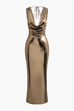 MICAS Maxi Dresses-Metallic Cowl Neck Tie Backless Sleeveless Maxi Dress