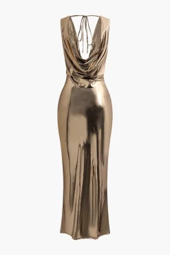 MICAS Maxi Dresses-Metallic Cowl Neck Tie Backless Sleeveless Maxi Dress